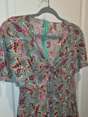 SHEIN Teal Paisley Tie-Front V-Neck Dress